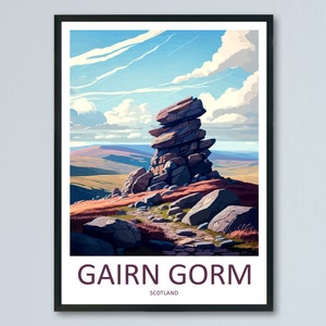 May include: A colorful illustration of a rock formation in the Cairngorms National Park in Scotland. The image features a stacked rock formation with a path leading up to it. The sky is blue with white clouds. The text "Cairn Gorm" and "Scotland" is at the bottom of the image.