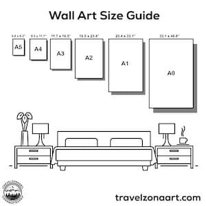 May include: A guide to wall art sizes, showing different sizes of frames labeled A0, A1, A2, A3, A4, and A5. The sizes are listed in inches. The guide also shows a bedroom scene with a bed, nightstands, and lamps.