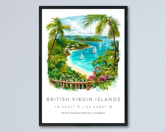 British Virgin Islands Watercolor Poster BVI Travel Print Island Wall Art Caribbean Painting Tropical Beach Decor