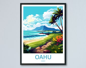 May include: A colorful illustration of a tropical beach scene with palm trees, a mountain in the distance, and the text "OAHU HAWAII" at the bottom.