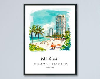 Miami Watercolor Poster Miami Travel Print Miami Wall Art Miami Cityscape Painting Miami Souvenir Florida Decor