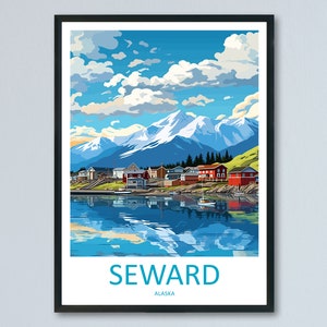 May include: A colorful illustration of a town in Seward, Alaska, with snow-capped mountains in the background, a body of water in the foreground, and the text "SEWARD ALASKA" at the bottom.