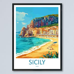 Sicily Travel Poster Italy Wall Art Island Coast Print Mediterranean View Illustration Historic Decor Sicily Gift Souvenir Scene