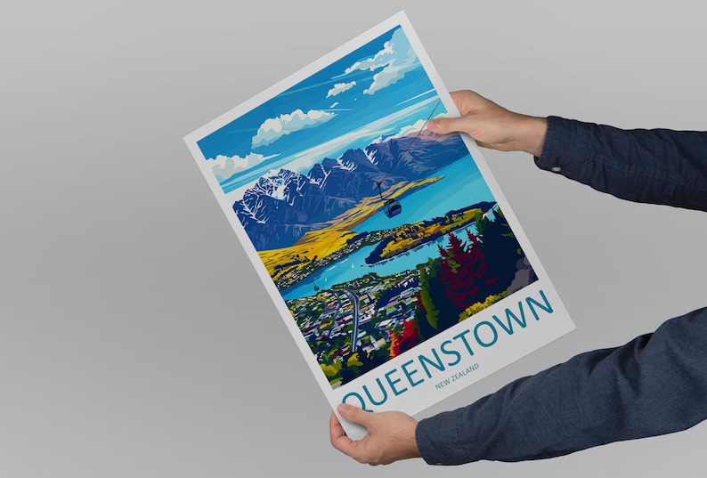 May include: A colourful illustration of Queenstown, New Zealand, with a cable car going up a mountain. The illustration features a blue lake, green mountains, and a town below. The text "QUEENSTOWN NEW ZEALAND" is at the bottom of the illustration.