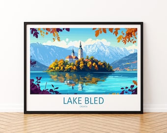 Póster de viaje con paisaje del lago Bled, Eslovenia. Arte mural escénico de la isla del lago. Impresión de naturaleza alpina. Decoración europea. Arte romántico de Bled.