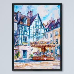 Könnte beinhalten: Aquarellmalerei eines europäischen Stadtplatzes mit einem Karussell. Die Gebäude weisen eine Mischung aus architektonischen Stilen auf, darunter Fachwerkhäuser. Das Karussell zeigt Pferde und ein dekoratives Vordach vor blauem Himmel.