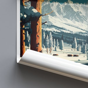 May include: A vintage travel poster depicting a snowy mountain range with a forest of pine trees in the foreground. The poster has a faded, retro look and features a blue, green, and white colour scheme.