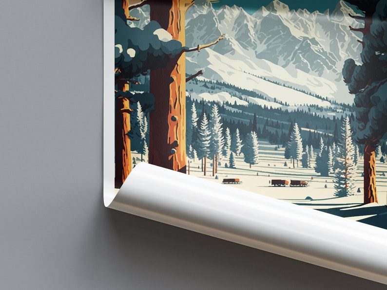 May include: A vintage travel poster depicting a snowy mountain range with a forest of pine trees in the foreground. The poster has a faded, retro look and features a blue, green, and white colour scheme.