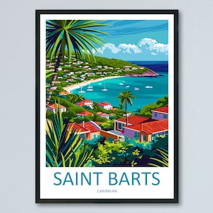 May include: A colorful illustration of a tropical island scene with a beach, turquoise water, and houses on a hillside. The text "SAINT BARTS CARIBBEAN" is at the bottom of the image.