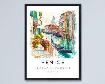May include: Watercolor print of Venice, Italy, featuring a canal scene with gondolas, historic buildings, and vibrant flowers. The artwork is framed in black and includes the city's name and coordinates.