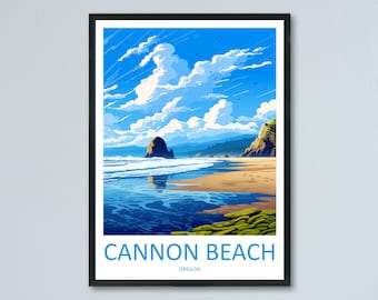 Pode incluir: Uma ilustração colorida de Cannon Beach, Oregon, com uma grande formação rochosa no oceano, uma praia de areia e um céu azul com nuvens brancas. O texto "Cannon Beach" e "Oregon" é exibido na parte inferior da imagem.