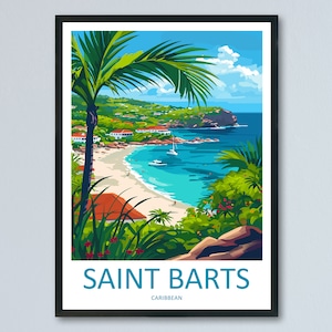 May include: A colorful illustration of a tropical beach scene with a palm tree in the foreground, a white sandy beach, turquoise water, and a small island in the distance. The text "SAINT BARTS CARIBBEAN" is at the bottom of the image.