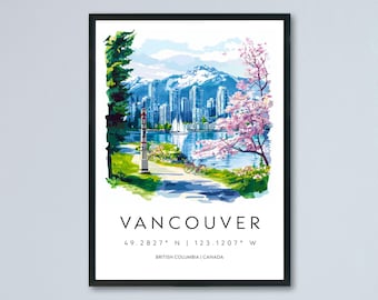 Vancouver Watercolor Poster Vancouver Travel Print Vancouver Wall Art Vancouver Cityscape Painting Vancouver Souvenir Canada Decor