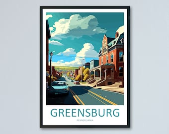 Puede incluir: Una ilustración de estilo vintage de una escena de calle en Greensburg, Pensilvania. La imagen presenta una fila de edificios de ladrillo con una gran casa de ladrillo rojo en la cima de la colina. La calle está bordeada de árboles y hay coches conduciendo por la carretera. El cielo es azul con nubes blancas.