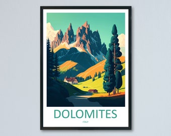 May include: A vintage travel poster featuring a colourful illustration of the Dolomites mountains in Italy. The poster has a teal green title "DOLOMITES" with the word "ITALY" in smaller font below. The illustration features a mountain range with snow-capped peaks, a winding river, and a small village in the valley.