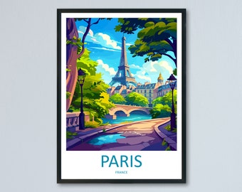 May include: A colorful illustration of the Eiffel Tower in Paris, France. The tower is surrounded by green trees and a river with a bridge. The text "PARIS" and "FRANCE" is at the bottom of the image.
