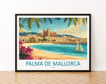 Plakat podróżniczy Palma de Mallorca Hiszpania Krajobraz Malownicze wybrzeże wyspy Sztuka ścienna Miasto Śródziemnomorskie Wydruk Europa Dekoracja Palma Mallorca Dzieło sztuki
