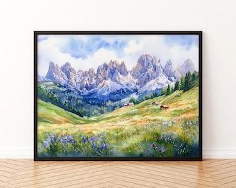 Könnte beinhalten: Gerahmtes Aquarellgemälde einer Berglandschaft. Das Kunstwerk zeigt ein Tal mit Wildblumen, grünen Hügeln und schneebedeckten Bergen unter einem blauen Himmel mit Wolken. Kleine Hütten sind im Tal zu sehen.