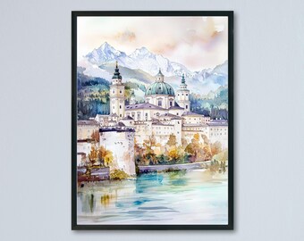 Póster de acuarela de Austria, impresión de viaje de Austria, arte mural de Austria, pintura de paisaje de montaña, decoración de recuerdo de Austria