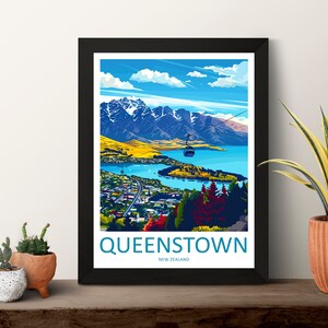 May include: A colourful illustration of Queenstown, New Zealand, with a cable car in the foreground and mountains in the background. The text "QUEENSTOWN NEW ZEALAND" is at the bottom of the image.