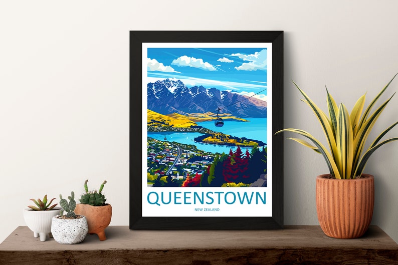 May include: A colourful illustration of Queenstown, New Zealand, with a cable car in the foreground and mountains in the background. The text "QUEENSTOWN NEW ZEALAND" is at the bottom of the image.