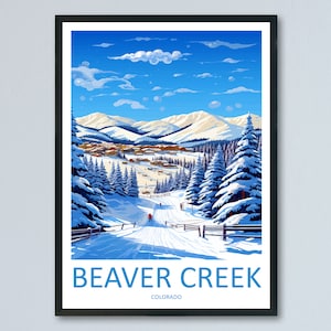 Op de afbeelding: Een vintage-stijl reisposter met een besneeuwde berg scène met een skipiste en de tekst "BEAVER CREEK COLORADO".