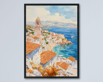 ギリシャ、イドラ島の水彩画アートプリント、サロニコス諸島旅行