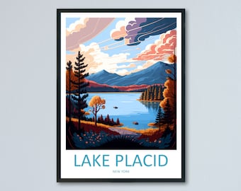 Könnte beinhalten: Eine farbenfrohe Illustration eines Sees, umgeben von Bergen und Bäumen. Der See ist blau und die Berge sind lila und blau. Die Bäume sind grün und braun. Der Himmel ist blau mit weißen Wolken. Der Text "LAKE PLACID NEW YORK" befindet sich am unteren Rand des Bildes.