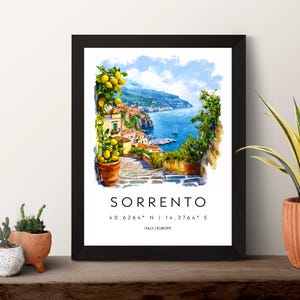 Póster de acuarela de Sorrento. Impresión de viaje de Sorrento. Arte mural de Sorrento. Pintura de paisaje urbano de Sorrento. Recuerdo de Sorrento. Decoración italiana. imagen 2