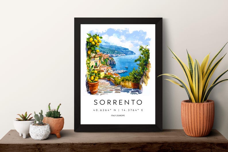 Póster de acuarela de Sorrento. Impresión de viaje de Sorrento. Arte mural de Sorrento. Pintura de paisaje urbano de Sorrento. Recuerdo de Sorrento. Decoración italiana. imagen 2