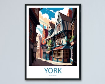 May include: A colorful illustration of a narrow street in York, England. The street is lined with old, half-timbered buildings, and the sky is blue with white clouds. The text "YORK" and "YORKSHIRE" is printed at the bottom of the image.