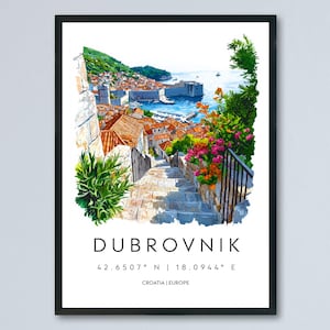 Póster de acuarela de Dubrovnik, impresión de viaje de Dubrovnik, arte mural de Dubrovnik, pintura de Dubrovnik, recuerdo de Croacia, decoración costera