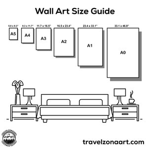 May include: A guide to wall art sizes, showing different sizes of frames labeled A0, A1, A2, A3, A4, and A5. The sizes are listed in inches. The guide also shows a bedroom scene with a bed, nightstands, and lamps.