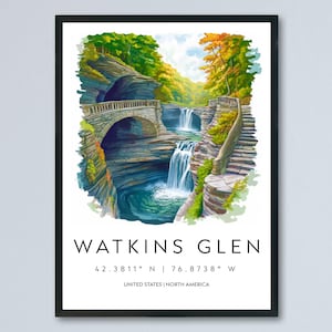 Watkins Glen State Park Watercolor Wall Art Watkins Glen Decor Home Décor Watkins Glen Gift USA Art Lover Gift, Travel Print