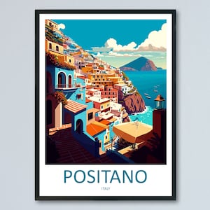 Może przedstawiać: Kolorowa ilustracja Positano, Włochy, miasta zbudowanego na klifie z widokiem na Morze Śr&oacute;dziemne. Obraz przedstawia żywy błękitny niebo, białe chmury i g&oacute;rę w oddali. Miasto jest pełne kolorowych budynk&oacute;w, a w wodzie znajduje się mała ł&oacute;dź.