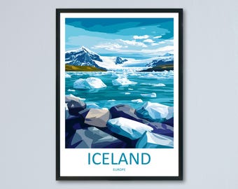 May include: A colourful illustration of a landscape in Iceland. The image features a glacier, mountains, and a body of water with icebergs floating in it. The text "ICELAND" and "EUROPE" is printed below the image.