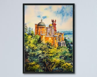 Plakat akwarelowy Sintra Sztuka ścienna Sintra Wisząca dekoracja do domu Sintra Prezent Miłośnicy sztuki Portugalia Miłośnicy sztuki Prezent Portugalia Sztuka ścienna