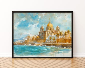 Cadiz aquarel poster muurkunst Cadiz muur hangend interieur Cadiz cadeau kunstliefhebbers Spanje muurkunst