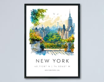 Poster acquerello di New York, stampa di viaggio di New York, arte murale di New York, dipinto di paesaggio urbano di New York, souvenir di New York, decorazione USA