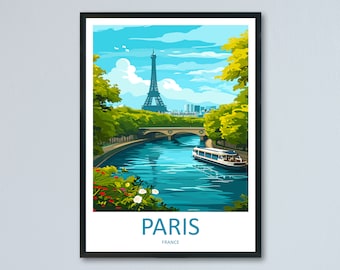 May include: A framed art print of Paris, France, featuring the Eiffel Tower, a river with a boat, and lush green trees. The artwork has a vibrant color palette of blues, greens, and yellows, with the word "PARIS" at the bottom.