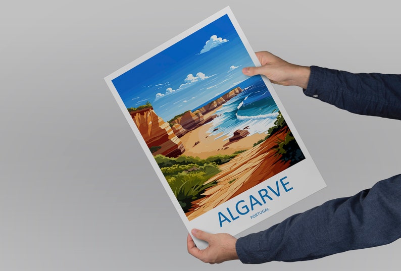 May include: A colorful illustration of a beach scene with cliffs, a sandy beach, and blue ocean waves. The text "ALGARVE PORTUGAL" is printed in blue at the bottom of the image.