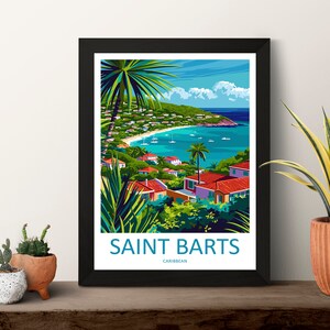May include: A colorful illustration of a tropical island scene with a beach, turquoise water, and red-roofed houses. The text "SAINT BARTS CARIBBEAN" is at the bottom of the image.