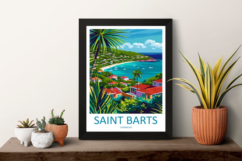 May include: A colorful illustration of a tropical island scene with a beach, turquoise water, and red-roofed houses. The text "SAINT BARTS CARIBBEAN" is at the bottom of the image.