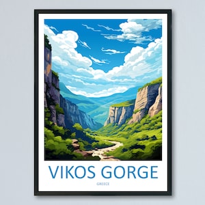 May include: A colorful illustration of Vikos Gorge in Greece. The image shows a deep canyon with lush green vegetation and a winding river at the bottom. The sky is blue with white clouds.