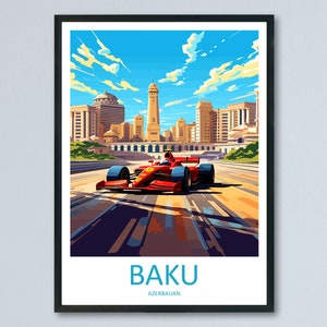 Impresión de viaje de Bakú, decoración de pared, póster del circuito de Bakú, impresión artística de viajes de deportes de motor, ilustración de carreras, arte de viajes de autos de carrera de Azerbaiyán