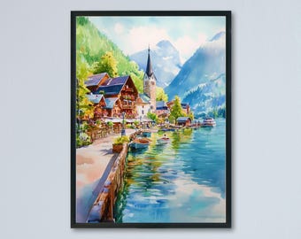Akvarellposter med Hallstatt-motiv Väggkonst Hallstatt Väggbonad Heminredning Hallstatt Gåva Konstälskare Österrike Väggkonst