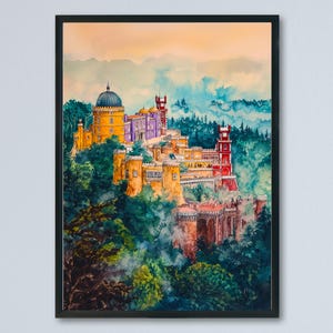 Sintra aquarel poster Sintra reisafdruk Sintra Portugal kunst Sintra paleis decor Sintra muurkunst