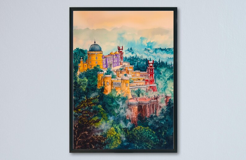 May include: Watercolor painting of a colorful castle atop a lush green hill, framed in black. The castle features yellow, purple, and red structures with a domed roof. The sky transitions from orange to blue, with hints of clouds.