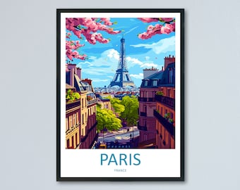 Könnte beinhalten: Eine farbenfrohe Illustration des Eiffelturms in Paris, Frankreich. Der Turm wird aus einer Straßenebenenperspektive gezeigt, mit Gebäuden und Bäumen auf beiden Seiten. Der Himmel ist blau mit weißen Wolken und rosa Kirschblüten.