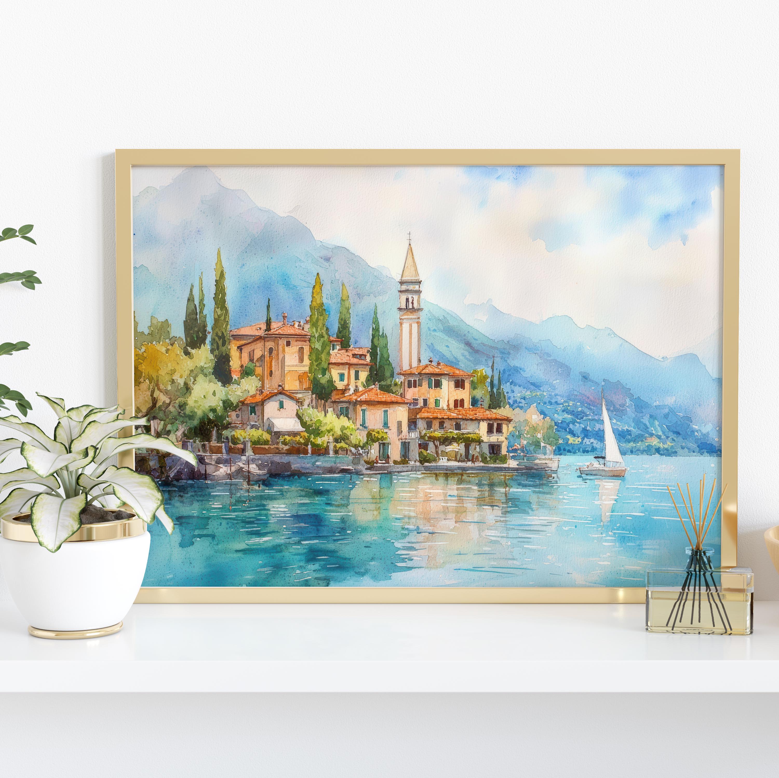 Lake Como Watercolor Poster Landscape Wall Art Lake Como Wall Hanging ...
